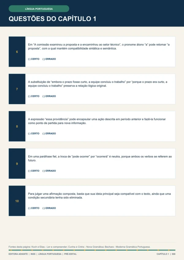Questões de Certo ou Errado: 6 a 10 — página real 008 da apostila INSS