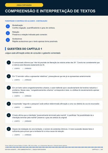 Seis questões de certo ou errado sobre compreensão e interpretação de textos.