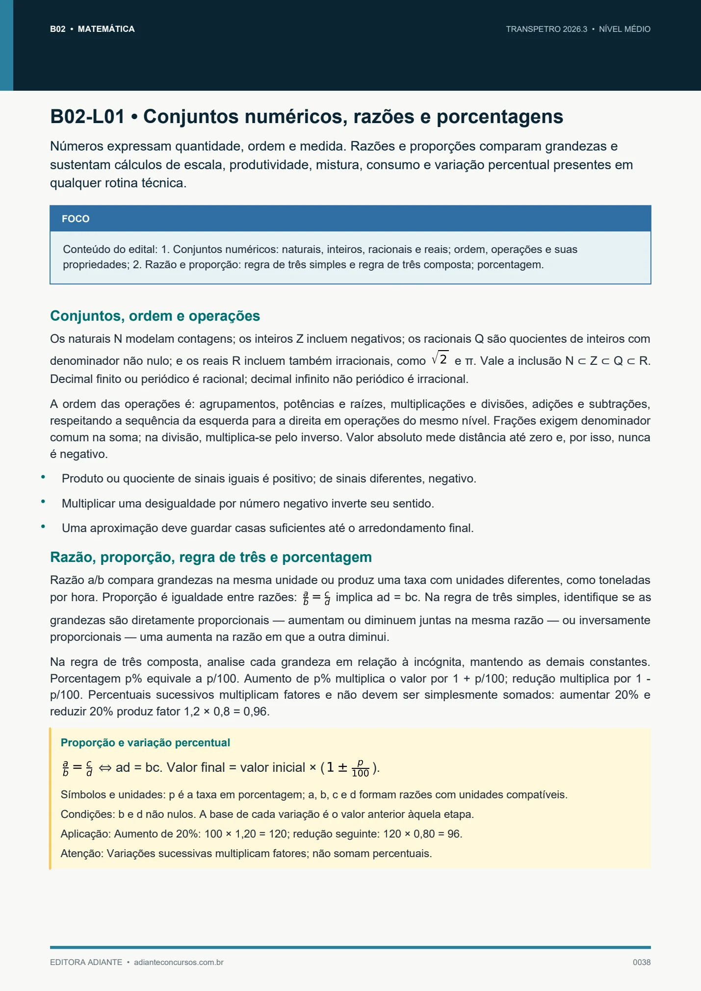 Teoria de conjuntos numéricos, razões e porcentagens