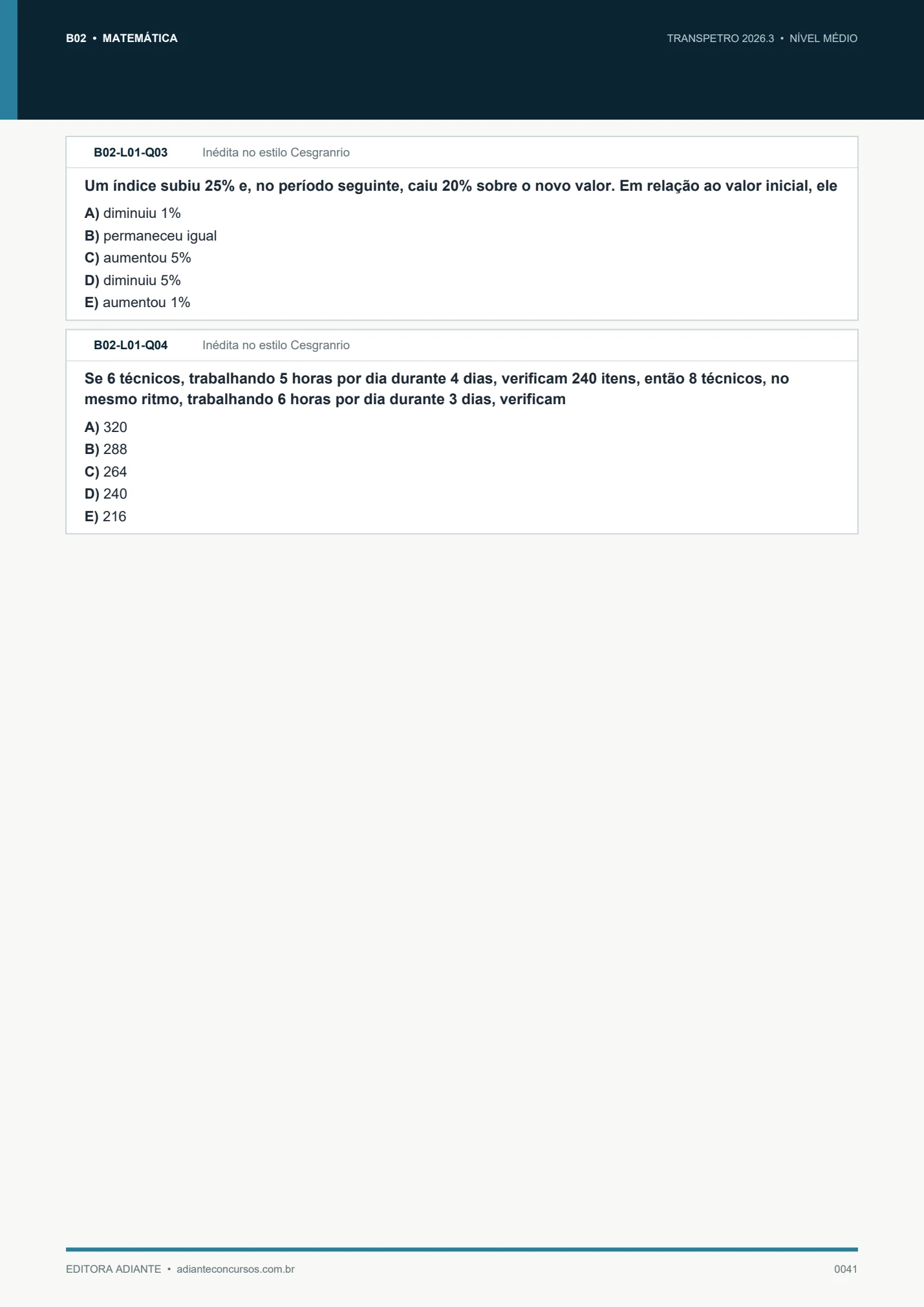 Questões de porcentagens e produtividade