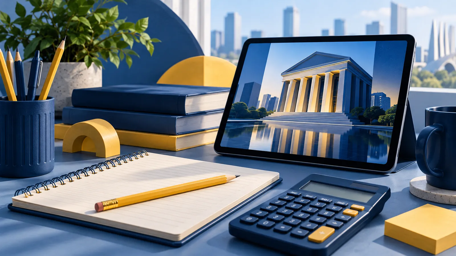 Mesa de estudo com caderno, calculadora e referência visual ao setor bancário