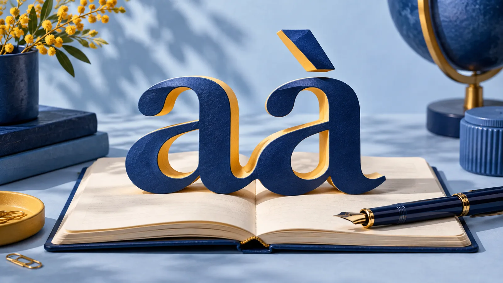Ilustração de um caderno aberto com letras a e acento grave