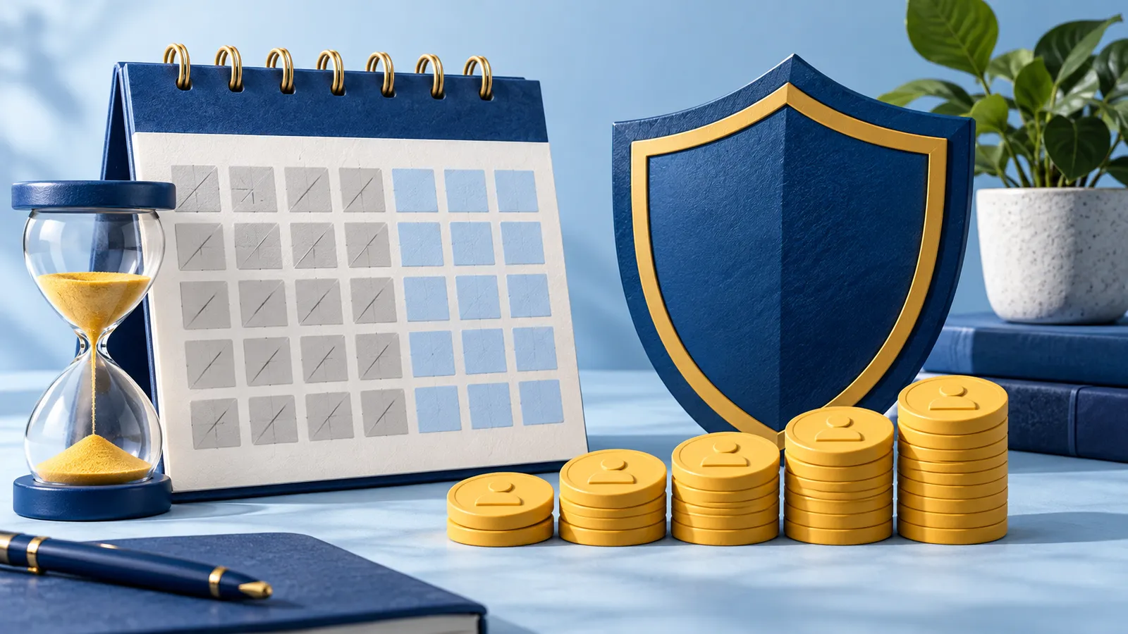 Calendário, escudo e marcadores ilustrando contribuição e proteção previdenciária