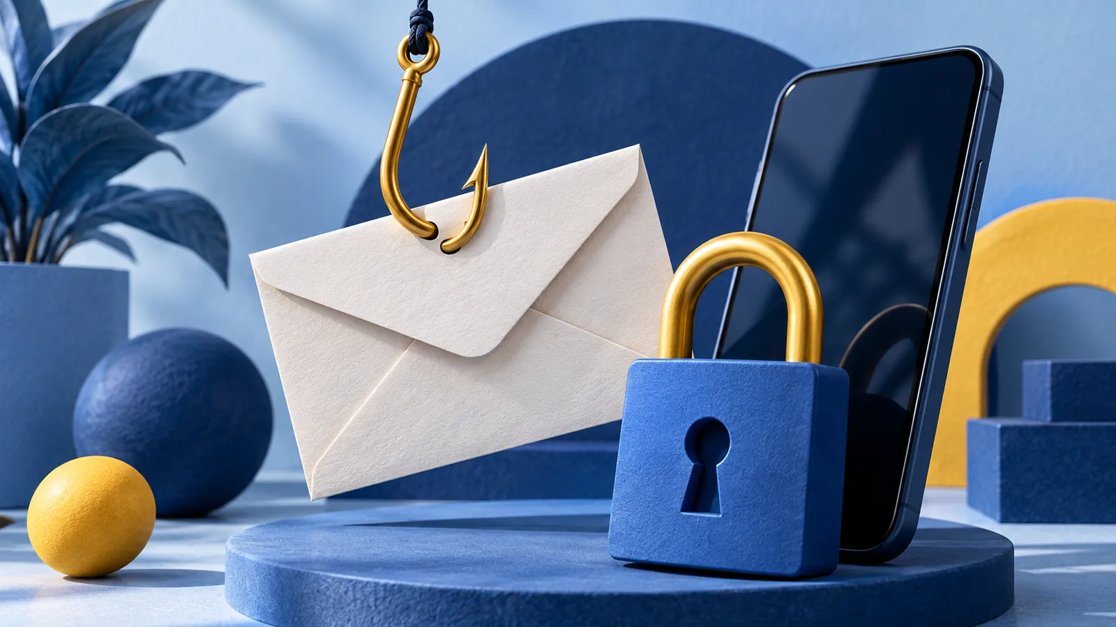 Envelope preso a um anzol ao lado de um cadeado e de um celular